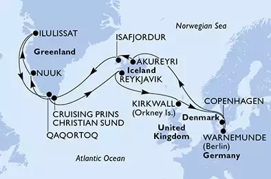 Warnemunde,Akureyri,Isafjordur,Prince Christian Sund,Nuuk,Ilulissat,Qaqortoq,Reykjavik,Kirkwall,Copenhagen,Warnemunde