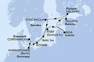 Copenhagen,Warnemunde,Ronne,Visby,Riga,Tallinn,Helsinki,Stockholm,Stockholm,Copenhagen