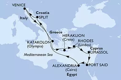 Venice,Katakolon,Heraklion,Rhodes,Limassol,Port Said,Alexandria,Split,Venice