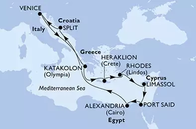 MSC LIRICA - trasa 11 nocy podróż z: Venice, Italy w dniu 06/11/2024 - Venice,Katakolon,Heraklion,Rhodes,Limassol,Port Said,Alexandria,Split,Venice