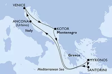 MSC LIRICA - trasa 7 nocy podróż z: Ancona, Italy w dniu 11/10/2024 - Ancona,Venice,Kotor,Mykonos,Mykonos,Santorini,Ancona