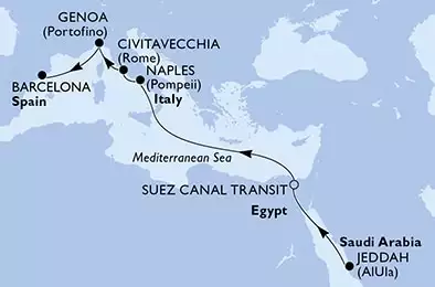 Jeddah,Suez Canal South,Suez Canal North,Naples,Civitavecchia,Genoa,Barcelona