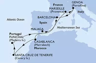 Genoa,Barcelona,Casablanca,Santa Cruz de Tenerife,Funchal,Malaga,Marseille,Genoa