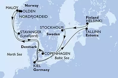 Copenhagen,Tallinn,Helsinki,Stockholm,Kiel,Olden,Nordfjordeid,Maloy,Stavanger,Kiel,Copenhagen