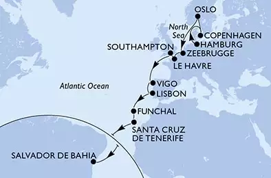 Hamburg,Copenhagen,Oslo,Zeebrugge,Le Havre,Southampton,Vigo,Lisbon,Funchal,Santa Cruz de Tenerife,Salvador