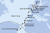 Hamburg,Copenhagen,Oslo,Zeebrugge,Le Havre,Southampton,Vigo,Lisbon,Funchal,Santa Cruz de Tenerife,Salvador