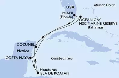 MSC WORLD AMERICA - trasa 7 nocy podróż z: Miami, United States w dniu 28/06/2025 - Miami,Costa Maya,Isla de Roatan,Cozumel,Ocean Cay,Miami