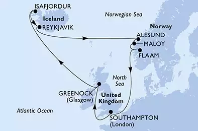MSC VIRTUOSA - trasa 14 nocy podróż z: Southampton,United Kingdom w dniu 03/06/2023 - United Kingdom,Iceland,Norway
