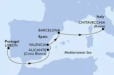 Lisbon,Alicante,Valencia,Barcelona,Civitavecchia