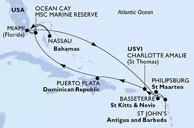 Miami,Ocean Cay,Nassau,Miami,Basseterre,Philipsburg,St John s,Charlotte Amalie,Puerto Plata,Ocean Cay,Miami