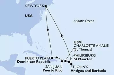 New York,Puerto Plata,San Juan,Charlotte Amalie,Philipsburg,St John s,New York