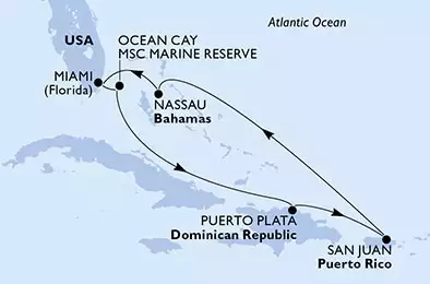 MSC SEASIDE - trasa 7 nocy podróż z: Miami, United States w dniu 09/03/2025 - Miami,Ocean Cay,Puerto Plata,San Juan,Nassau,Miami