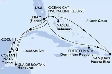 Miami,Ocean Cay,Puerto Plata,San Juan,Nassau,Miami,Costa Maya,Cozumel,Isla de Roatan,Ocean Cay,Miami