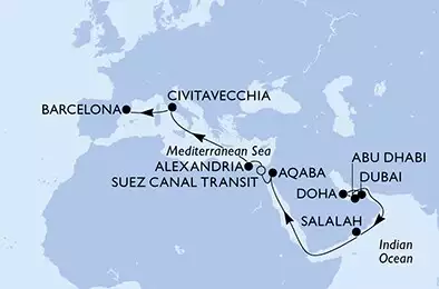 Dubai,Doha,Abu Dhabi,Salalah,Aqaba,Suez Canal South,Suez Canal North,Alexandria,Civitavecchia,Barcelona