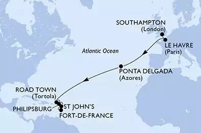 Southampton,Le Havre,Ponta Delgada,Road Town,Philipsburg,St John s,Fort de France