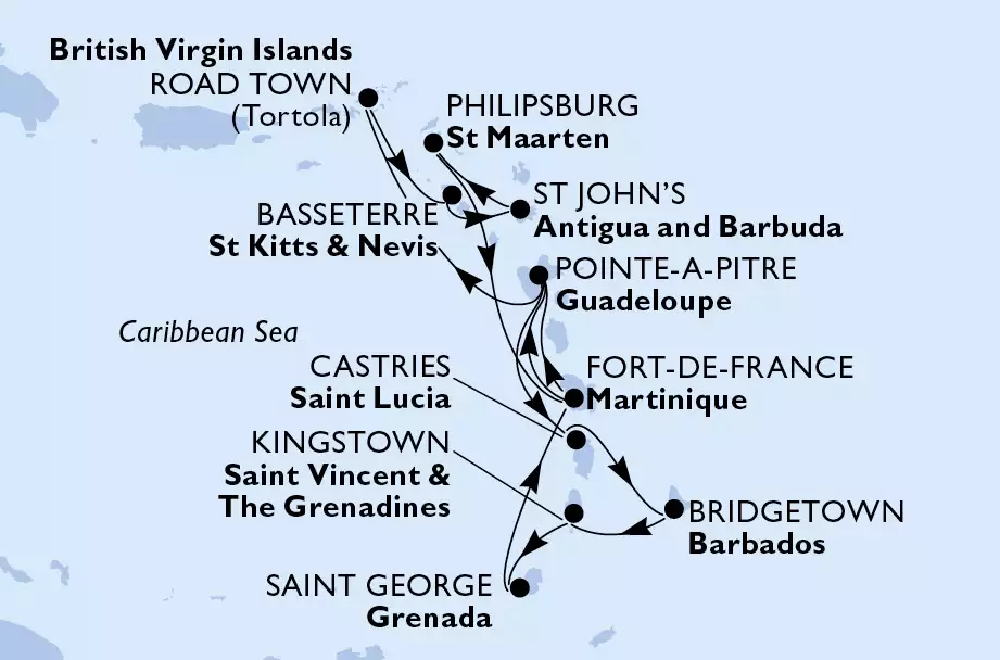 Fort de France,Pointe-a-Pitre,Road Town,Basseterre,St John s,Philipsburg,Fort de France,Pointe-a-Pitre,Castries,Bridgetown,Kingstown,Saint George,Fort de France