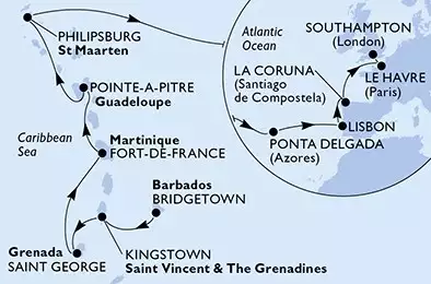 Bridgetown,Kingstown,Saint George,Fort de France,Pointe-a-Pitre,Philipsburg,Ponta Delgada,Lisbon,La Coruna,Le Havre,Southampton