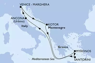 MSC LIRICA - trasa 7 nocy podróż z: Venice-Marghera, Italy w dniu 12/04/2025 - Venice-Marghera,Kotor,Mykonos,Santorini,Ancona,Venice-Marghera