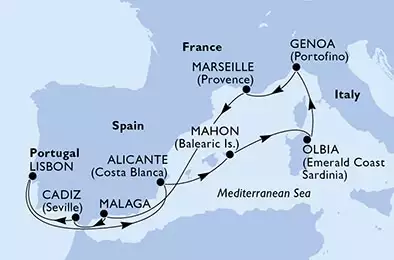 Marseille,Malaga,Cadiz,Lisbon,Alicante,Mahon,Olbia,Genoa,Marseille