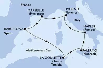 MSC SEASIDE - trasa 7 nocy podróż z: Livorno, Italy w dniu 11/05/2025 - Livorno,Marseille,Barcelona,La Goulette,Palermo,Naples,Livorno
