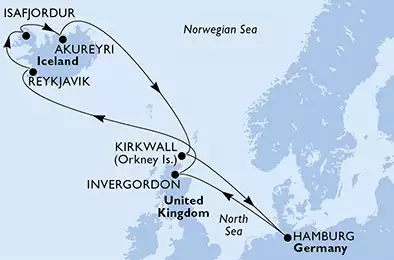 MSC PREZIOSA - trasa 11 nocy podróż z: Hamburg,Germany w dniu 27/07/2025 - Hamburg,Invergordon,Reykjavik,Isafjordur,Akureyri,Kirkwall,Hamburg