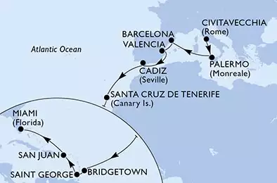 Civitavecchia,Palermo,Barcelona,Valencia,Cadiz,Santa Cruz de Tenerife,Bridgetown,Saint George,San Juan,Miami