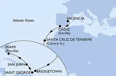 Valencia,Cadiz,Santa Cruz de Tenerife,Bridgetown,Saint George,San Juan,Miami