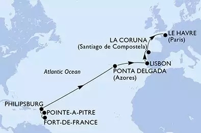 Fort de France,Pointe-a-Pitre,Philipsburg,Ponta Delgada,Lisbon,La Coruna,Le Havre