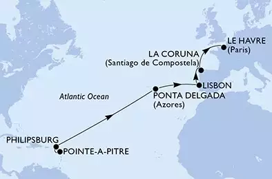 Pointe-a-Pitre,Philipsburg,Ponta Delgada,Lisbon,La Coruna,Le Havre