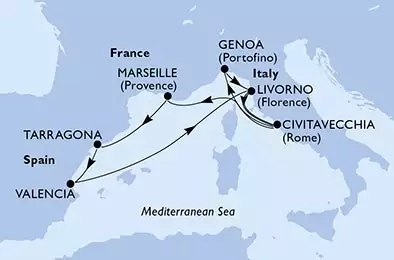 Genoa,Livorno,Civitavecchia,Marseille,Tarragona,Valencia,Livorno,Civitavecchia,Genoa