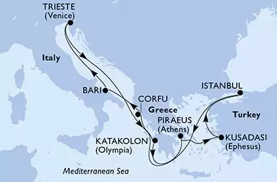 MSC FANTASIA - trasa 9 nocy podróż z: Piraeus Greece w dniu 28/06/2025 - Piraeus,Kusadasi,Istanbul,Corfu,Bari,Trieste,Katakolon,Piraeus