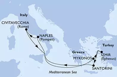 Izmir,Santorini,Naples,Civitavecchia,Mykonos,Izmir