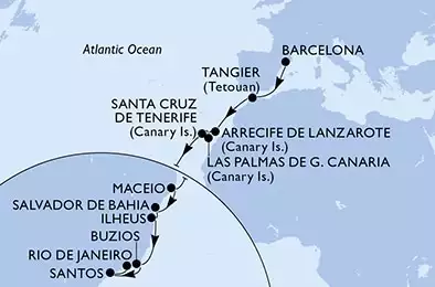 Barcelona,Tangier,Arrecife de Lanzarote,Las Palmas de G.Canaria,Santa Cruz de Tenerife,Maceio,Salvador,Ilheus,Buzios,Santos,Rio de Janeiro