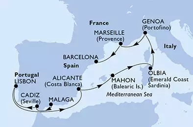 Malaga,Cadiz,Lisbon,Alicante,Mahon,Olbia,Genoa,Marseille,Barcelona