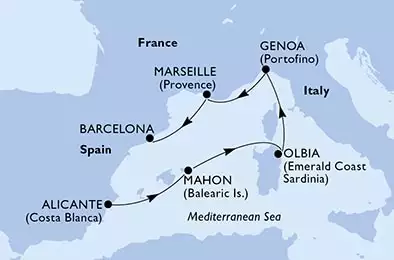 Alicante,Mahon,Olbia,Genoa,Marseille,Barcelona