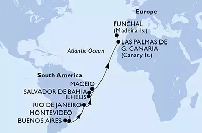 Buenos Aires,Montevideo,Rio de Janeiro,Ilheus,Salvador,Maceio,Las Palmas de G.Canaria,Funchal