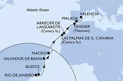 Rio de Janeiro,Buzios,Salvador,Maceio,Las Palmas de G.Canaria,Arrecife de Lanzarote,Tangier,Malaga,Valencia
