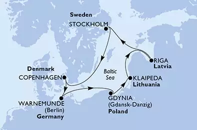 MSC POESIA - trasa 7 nocy podróż z: Warnemunde,Germany w dniu 25/05/2025 - Warnemunde,Gdynia,Klaipeda,Riga,Stockholm,Copenhagen,Warnemunde