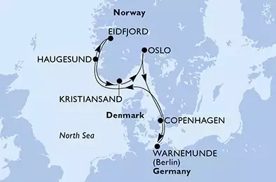 MSC POESIA - trasa 7 nocy podróż z: Warnemunde,Germany w dniu 17/08/2025 - Warnemunde,Haugesund,Eidfjord,Kristiansand,Oslo,Copenhagen,Warnemunde