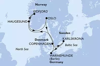 Copenhagen,Karlskrona,Warnemunde,Haugesund,Eidfjord,Oslo,Copenhagen