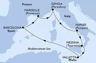 MSC WORLD EUROPA - trasa 7 nocy podróż z: Genoa, Italy w dniu 13/04/2025 - Genoa,Naples,Messina,Valletta,Barcelona,Marseille,Genoa