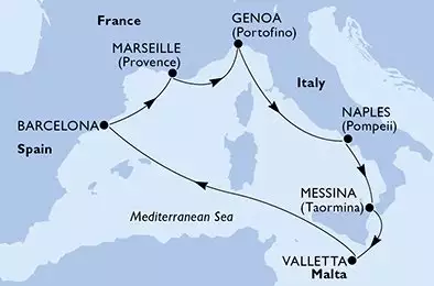 MSC WORLD EUROPA - trasa 7 nocy podróż z: Barcelona, Spain w dniu 11/04/2025 - Barcelona,Marseille,Genoa,Naples,Messina,Valletta,Barcelona