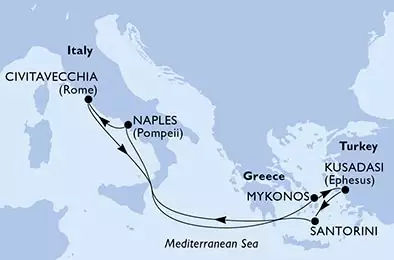 MSC DIVINA - trasa 7 nocy podróż z: Civitavecchia, Italy w dniu 25/07/2025 - Civitavecchia,Mykonos,Kusadasi,Santorini,Naples,Civitavecchia