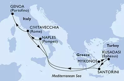 Civitavecchia,Mykonos,Kusadasi,Santorini,Naples,Civitavecchia,Genoa
