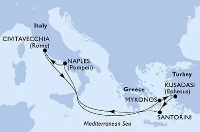 Kusadasi,Santorini,Naples,Civitavecchia,Mykonos,Kusadasi