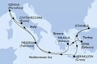 MSC SINFONIA - trasa 11 nocy podróż z: Genoa, Italy w dniu 26/12/2023 - Italy,Greece,Turkey