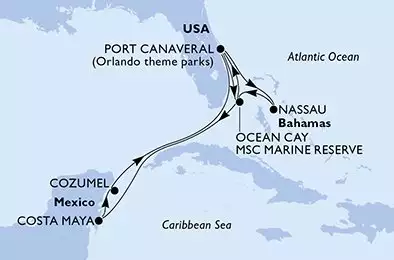MSC SEASHORE - trasa 10 nocy podróż z: Port Canaveral, United States w dniu 22/05/2025 - Port Canaveral,Nassau,Ocean Cay,Port Canaveral,Ocean Cay,Ocean Cay,Costa Maya,Cozumel,Port Canaveral