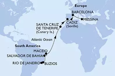 Rio de Janeiro,Buzios,Salvador,Maceio,Santa Cruz de Tenerife,Cadiz,Barcelona,Messina