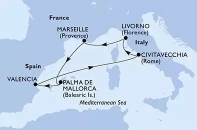 Marseille,Palma de Mallorca,Valencia,Civitavecchia,Livorno,Marseille