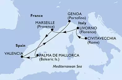 Civitavecchia,Livorno,Marseille,Palma de Mallorca,Valencia,Genoa